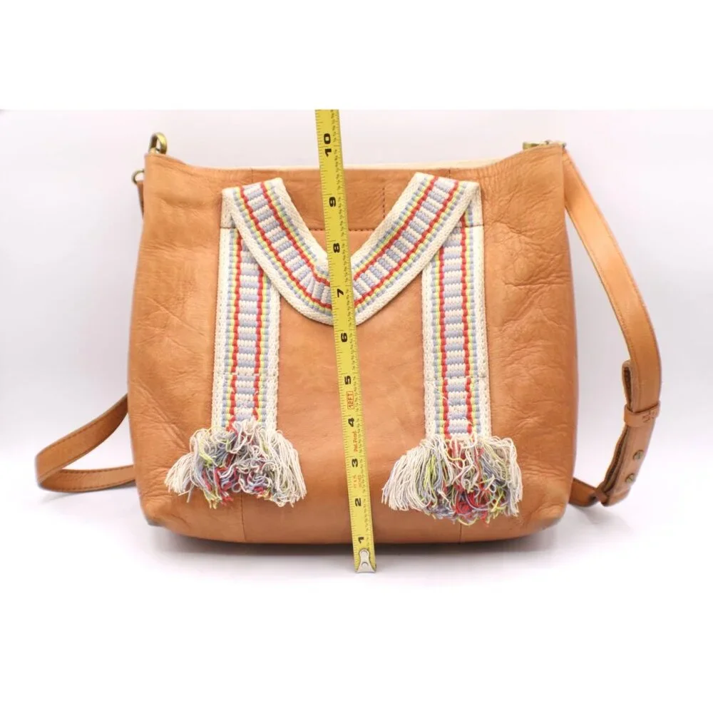 Madewell Tan Leather Crossbody Bag Handbag Colorful Striped Fringe Handles 10x10 - Picture 11 of 12
